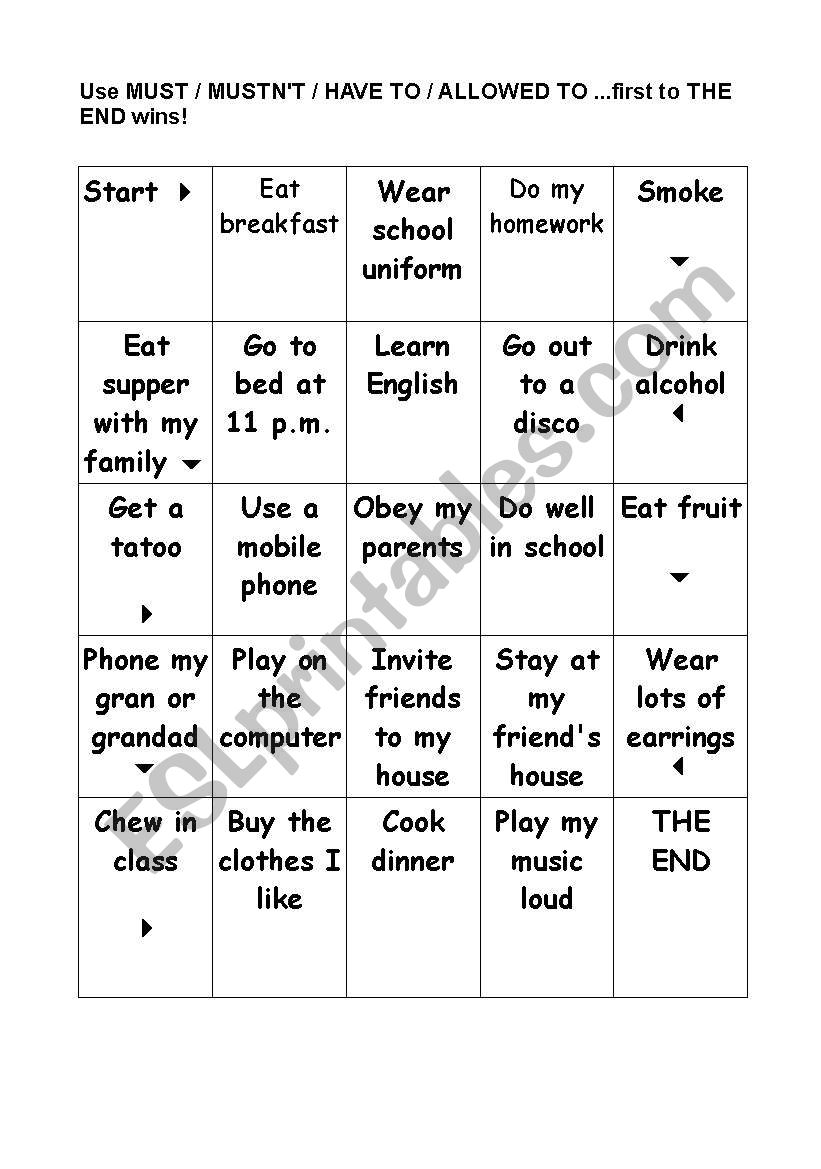 obligation game worksheet