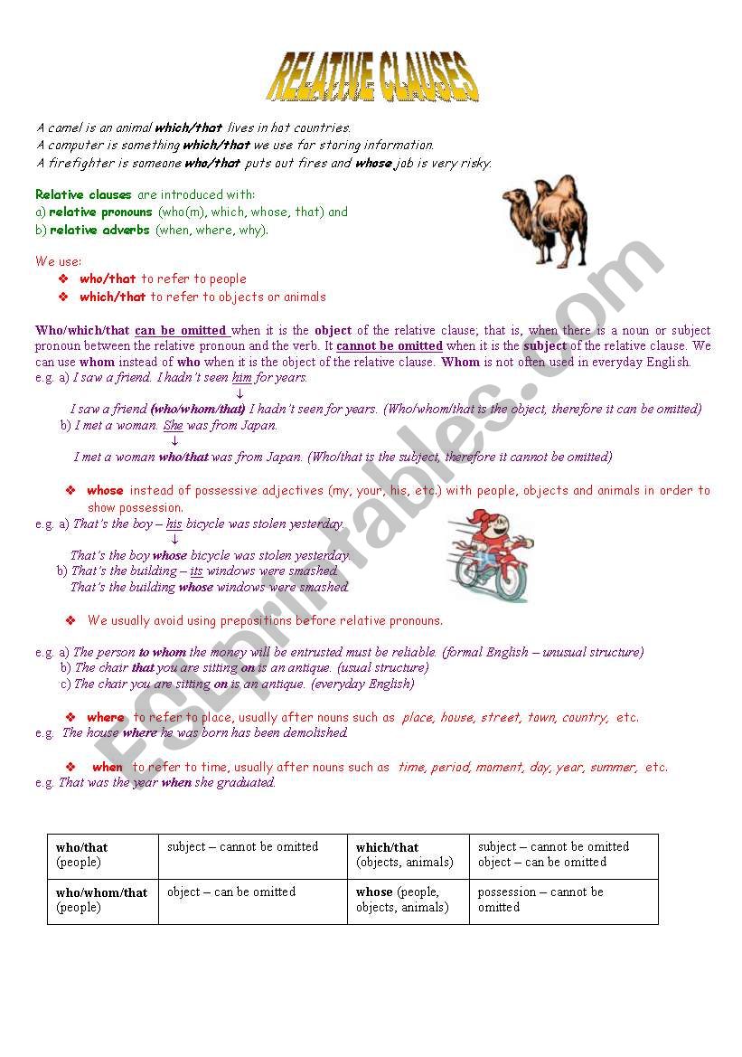 RELATIVE CLAUSES - GRAMMATICAL INFORMATION AND EXERCISES