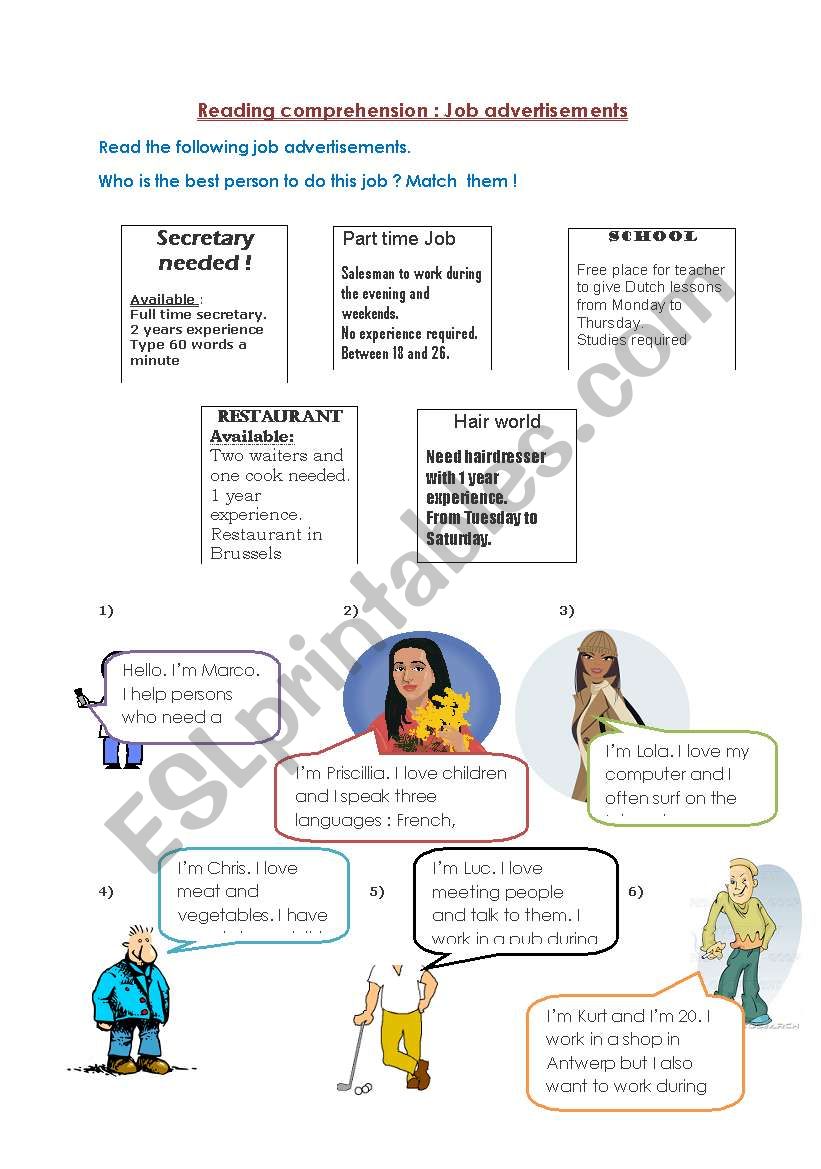 Jobs reading advertisements worksheet