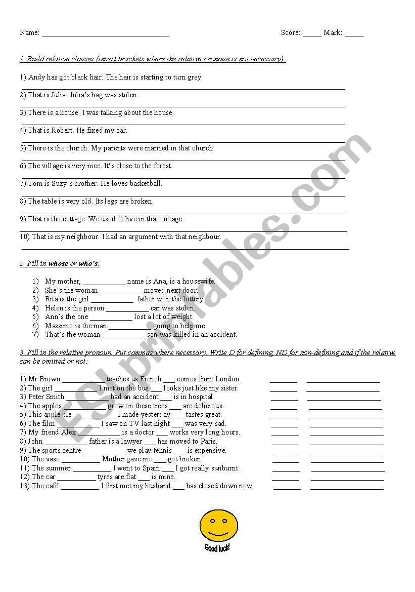 RELATIVE CLAUSES - EXERCISES IN THE FORM OF TEST