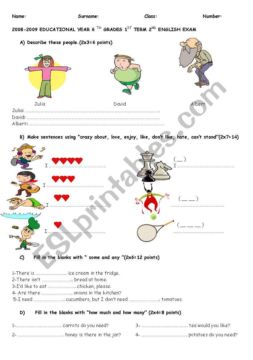 exam for 6th grades worksheet