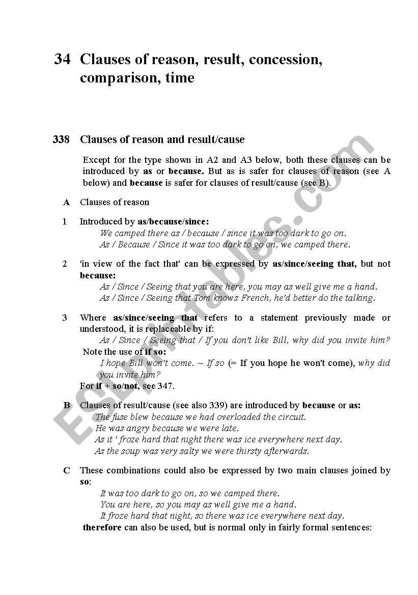 Clauses of reason, result, concession, comparison, time