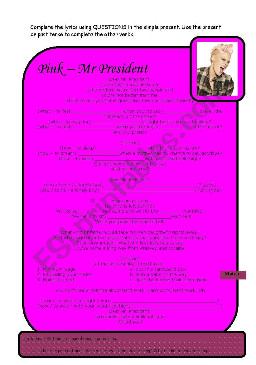 song Pink (Mr President) : present and past tense