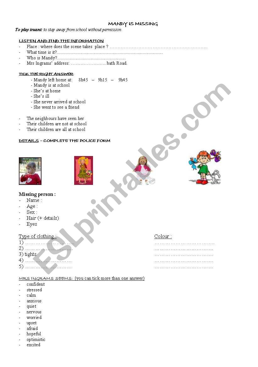 Mandy is missing - Worksheet worksheet