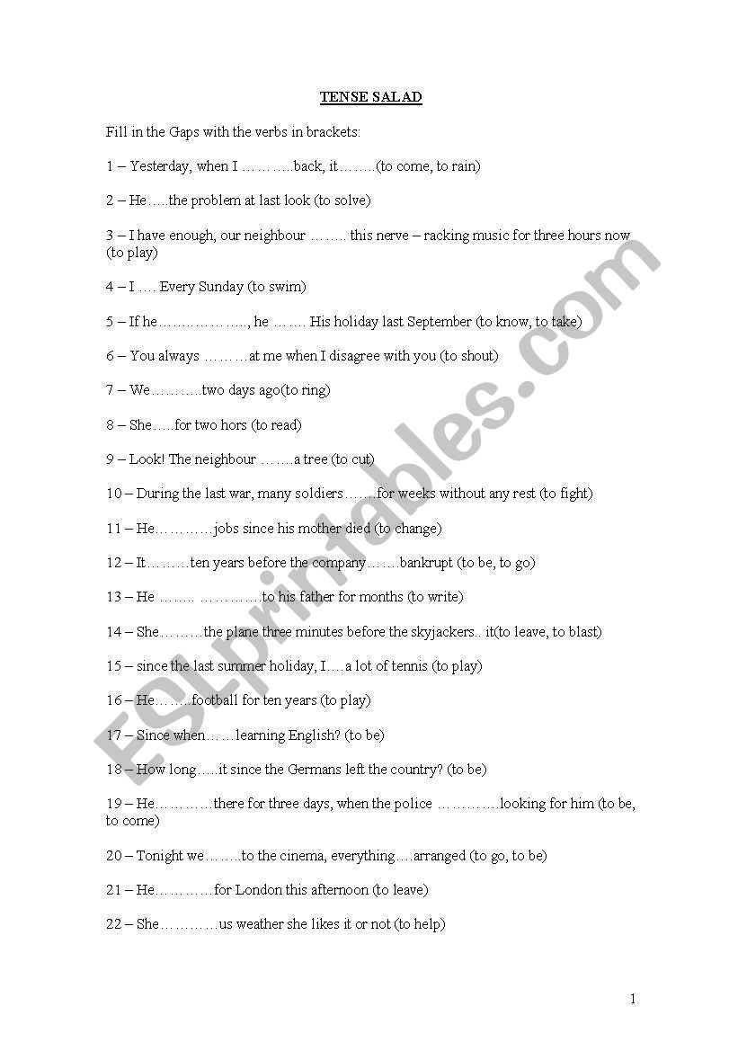 tense saldad worksheet