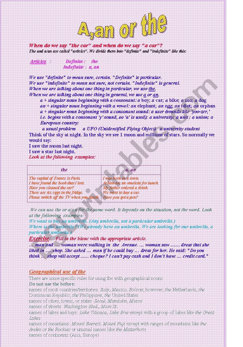 a/ an/ the worksheet