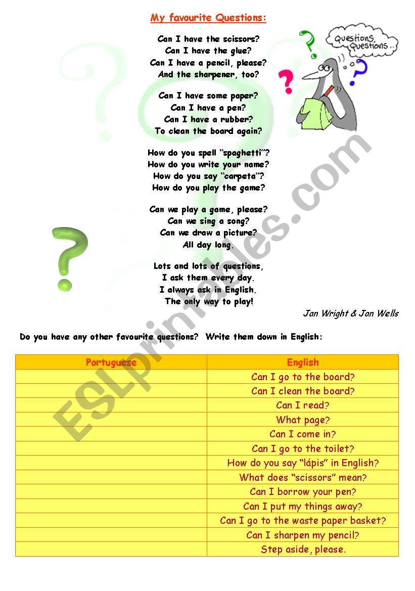 My favourite questions (classroom language) 