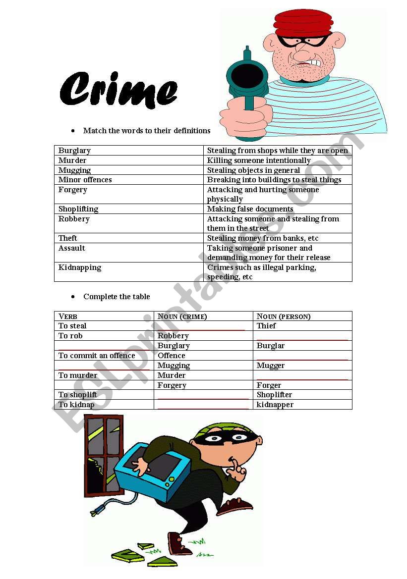 Synonyms robber, kill, murder worksheet