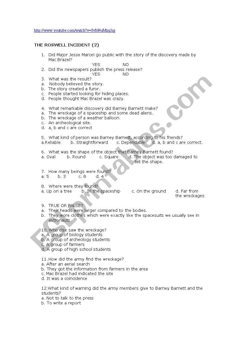 The Roswell Incident part 2 worksheet