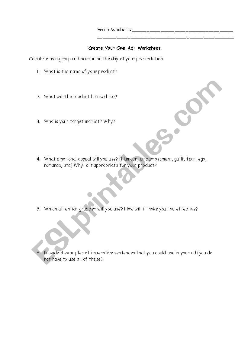Create Your Own Ad Assignment - Worksheet