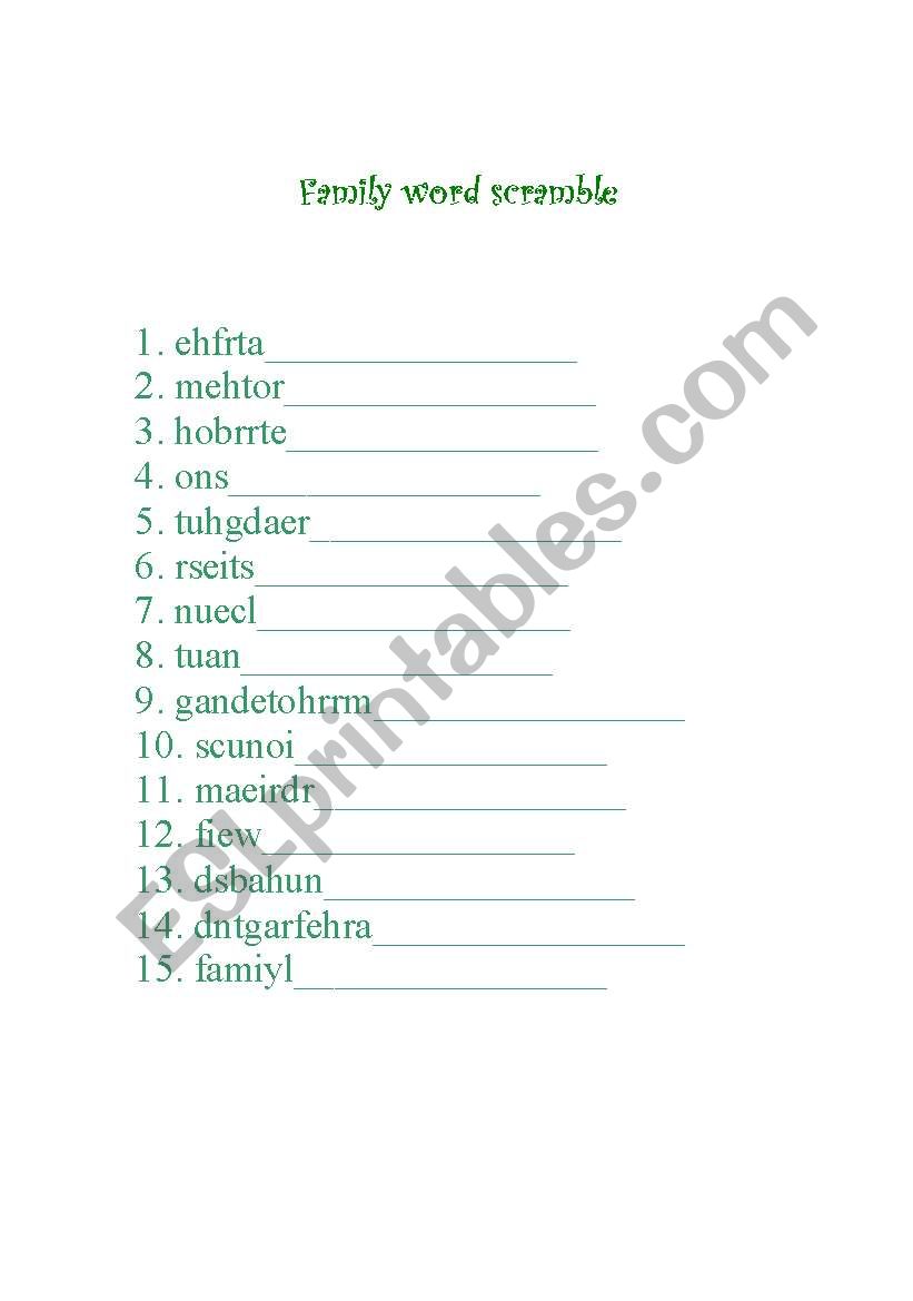 Family word scramble worksheet