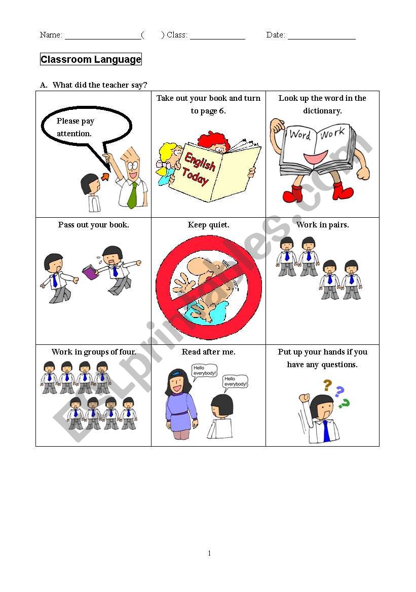 Classroom Language worksheet