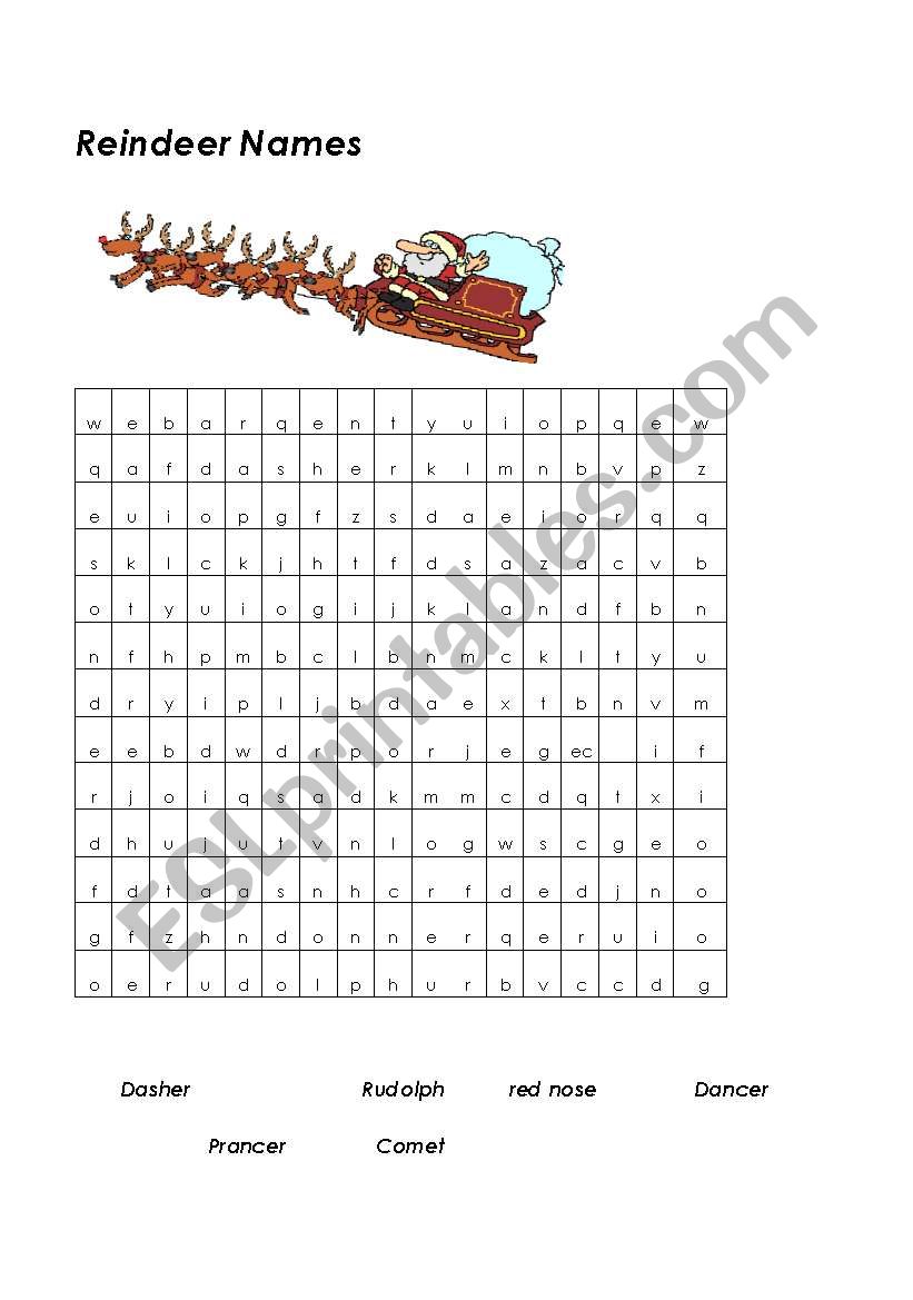 Reindeer Names Search (Easy) worksheet