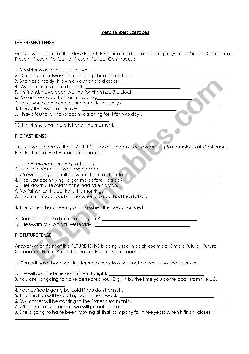 Verb Tense Identification Worksheet