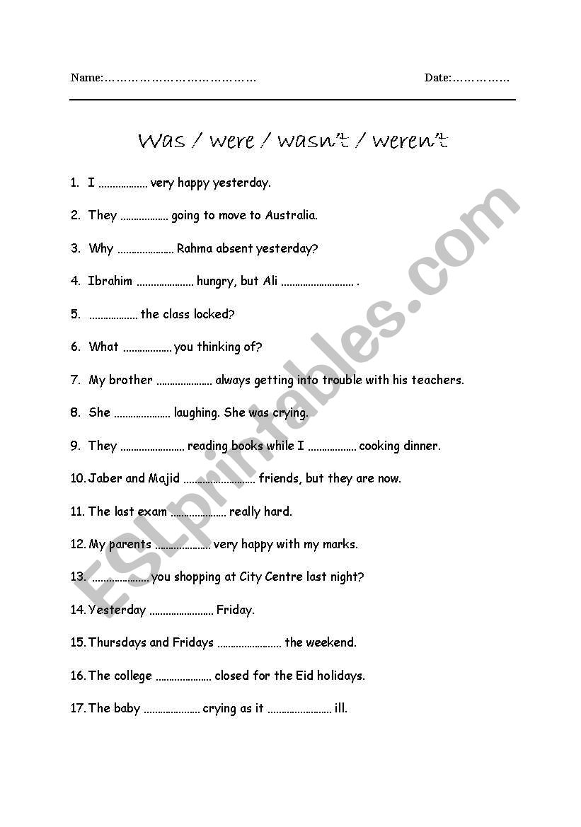 was/were/wasnt/werent worksheet