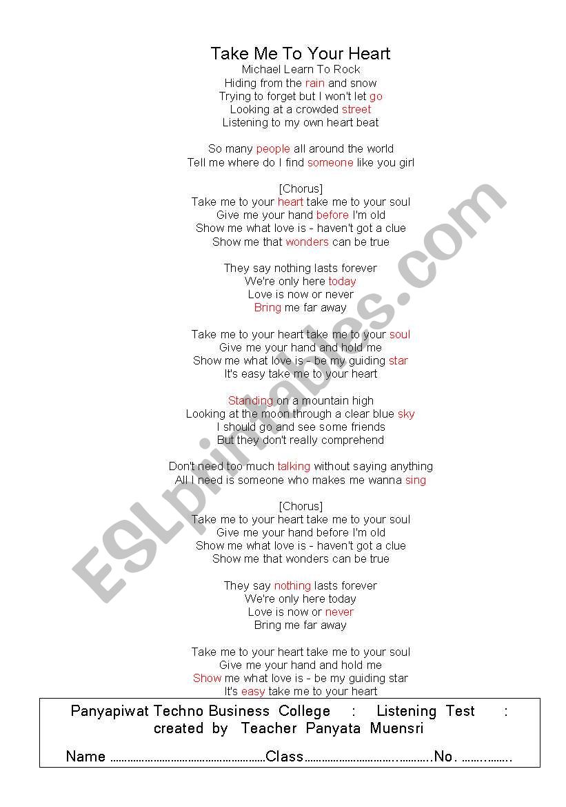 lyrics take me to your heart worksheet