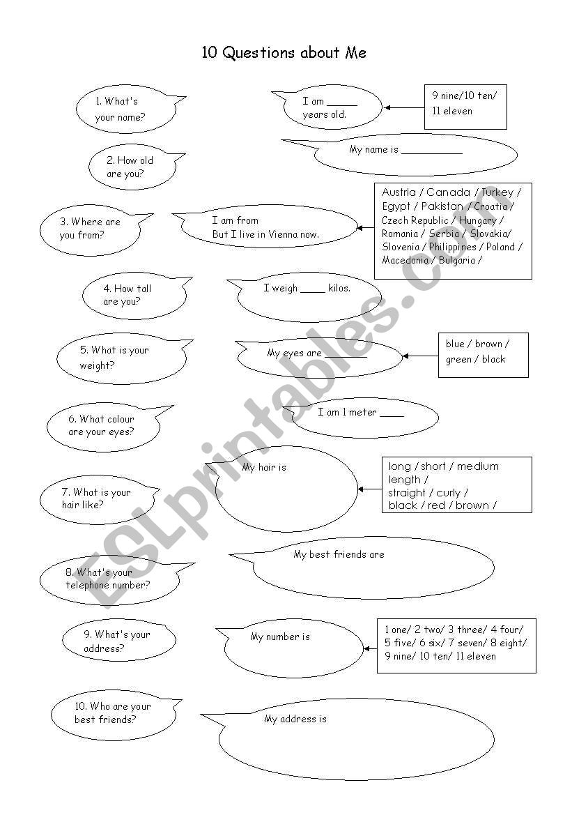 10 Questions about Me worksheet