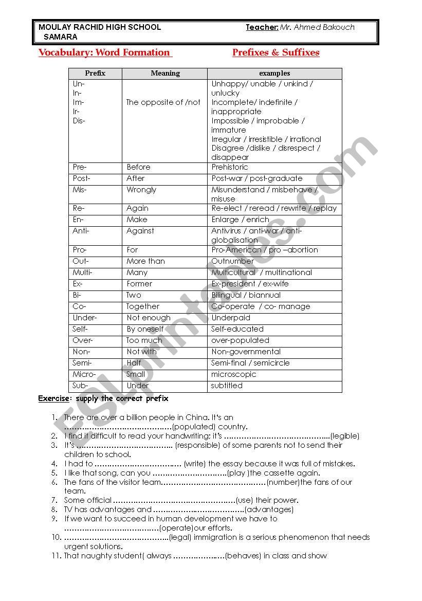 prefixes and suffixes worksheet