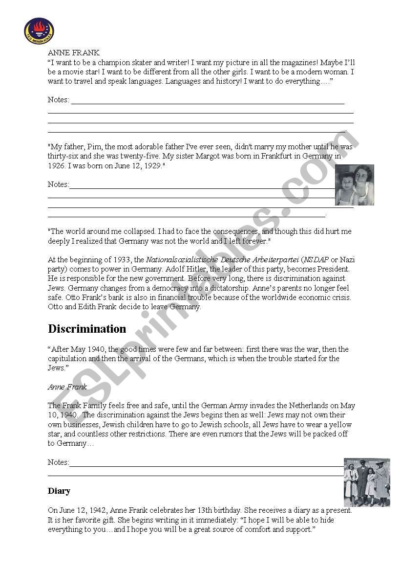 ANNE FRANK worksheet