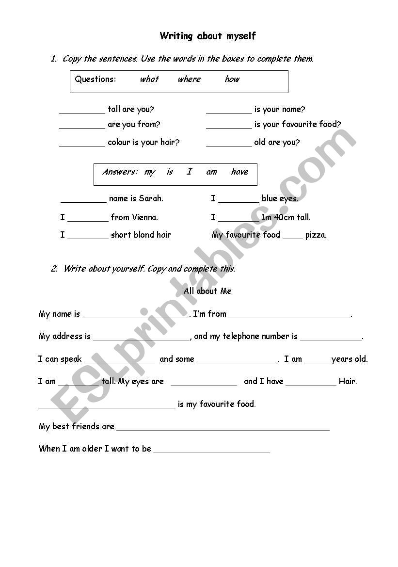 Writing about  Myself worksheet