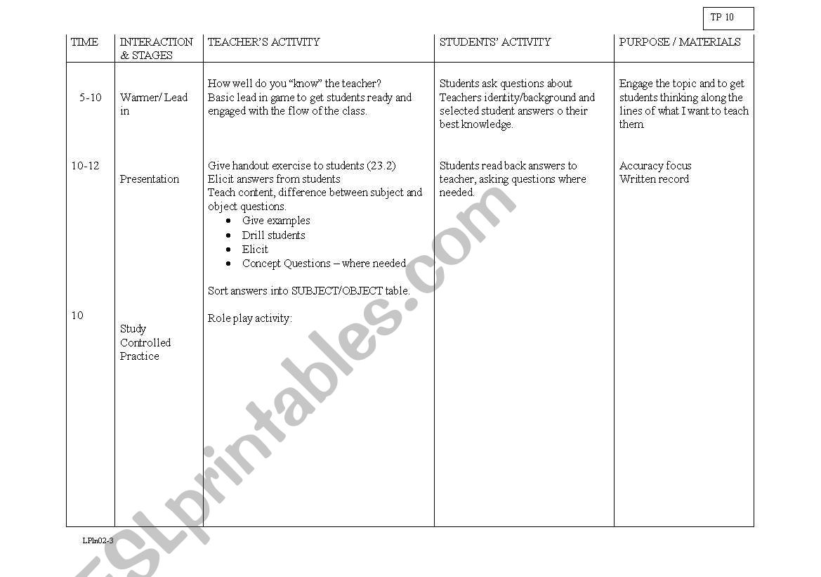 Subject Object Questions worksheet