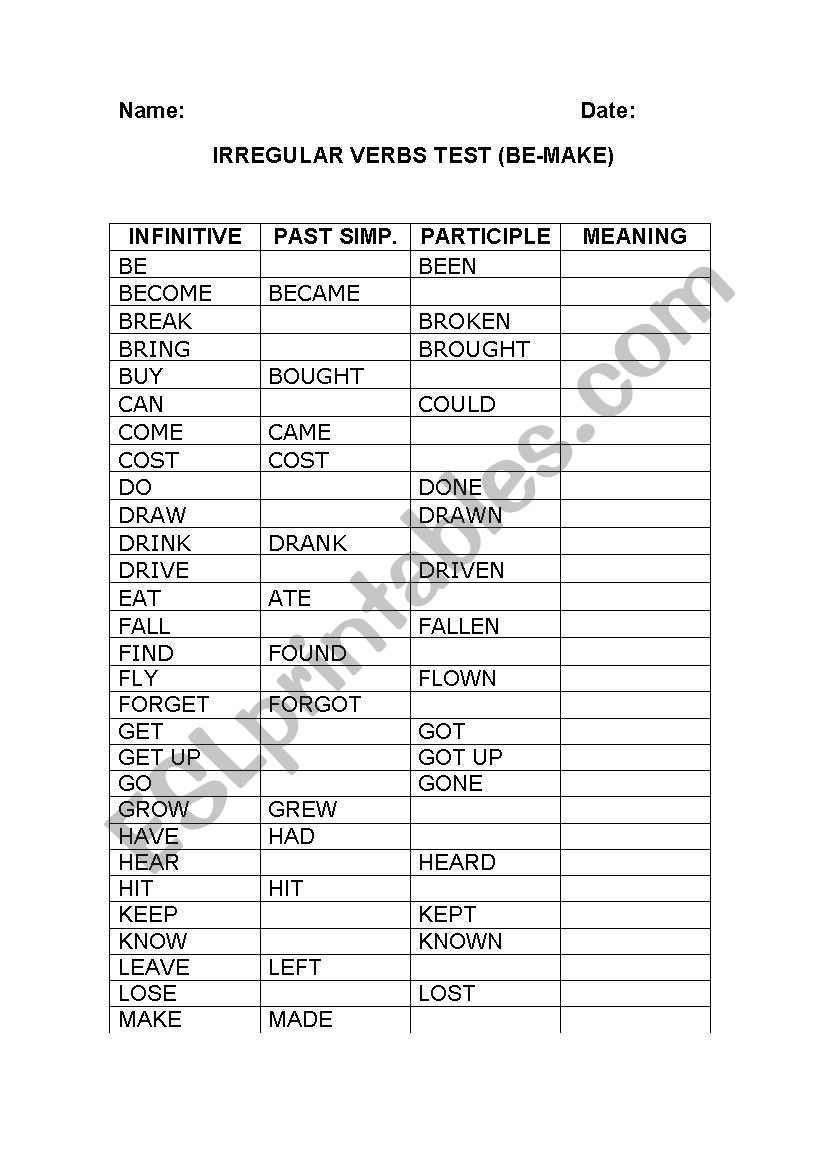 IRREGULAR VERBS TEST (BE-MAKE)