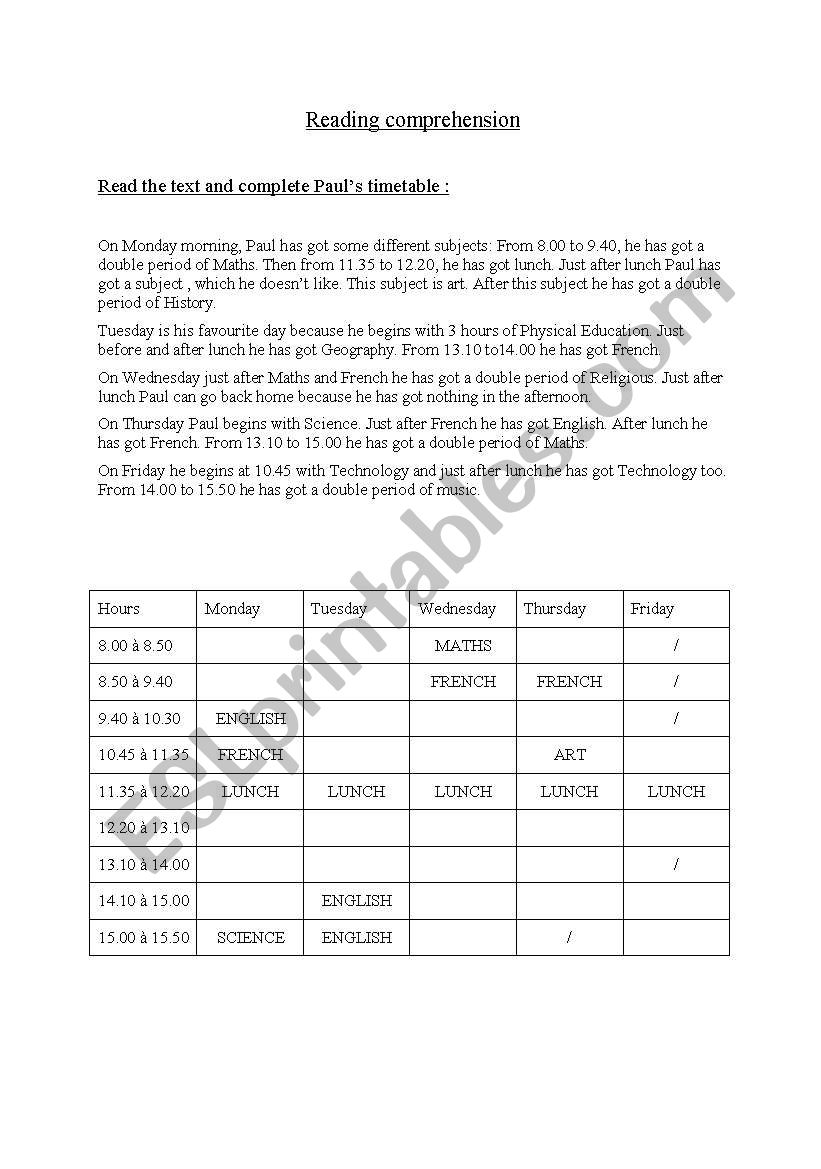 reading comprehension about timetable