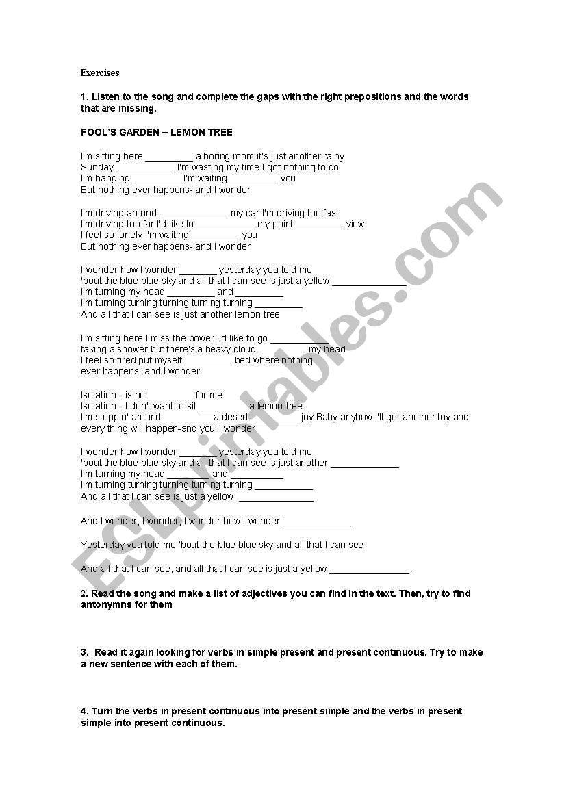 Lemon Tree Song worksheet