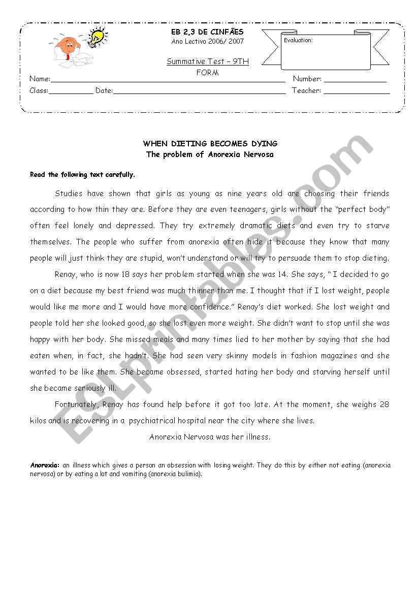 Test about anorexia nervosa worksheet