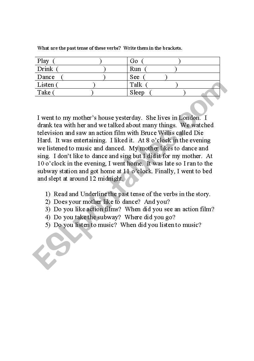 Past Tense Reading worksheet