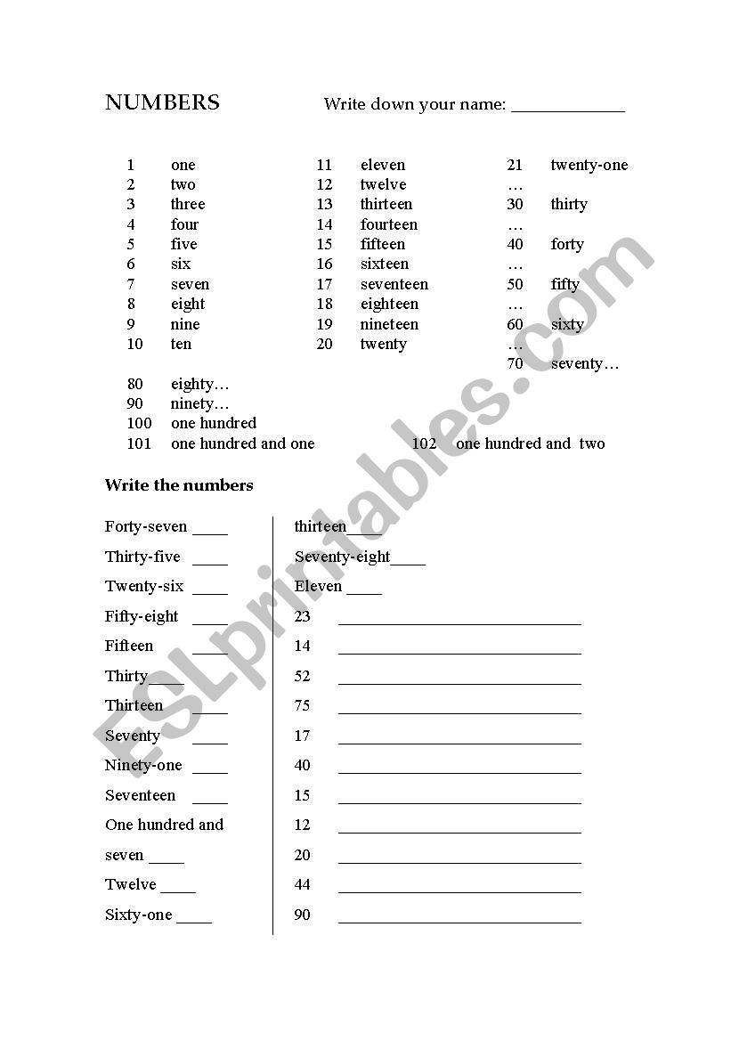 NUMBERS FROM 1 TO 100 worksheet