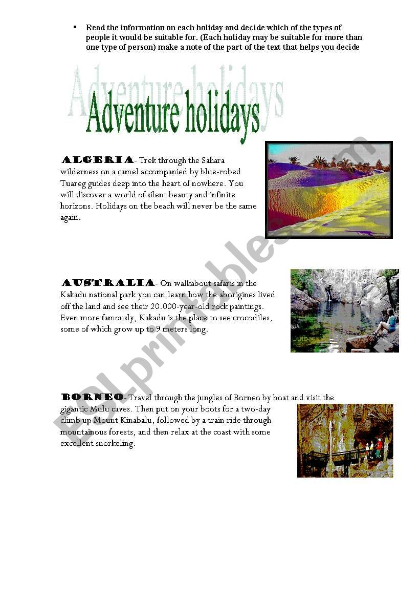 Adventure holidays worksheet