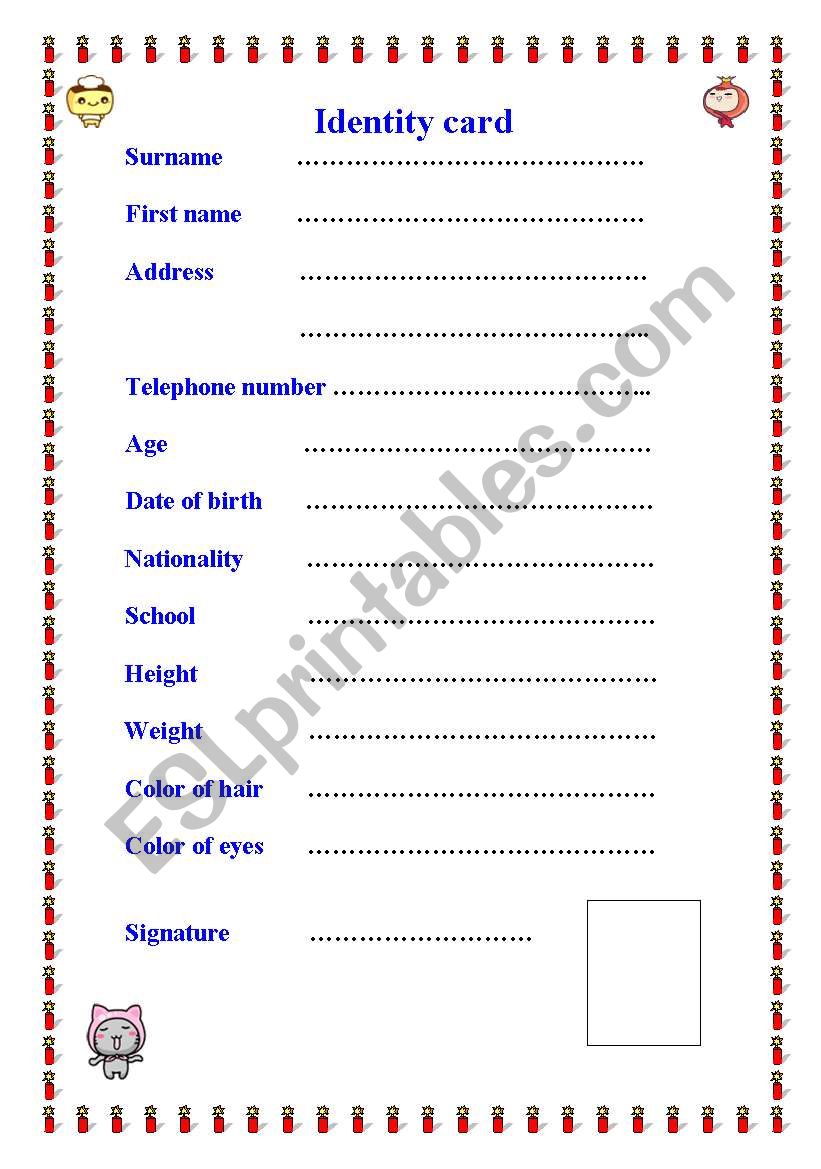 Identity card worksheet