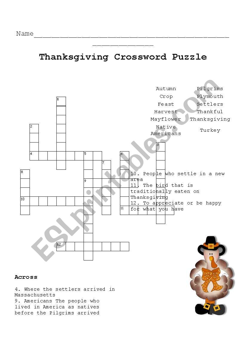 Thanksgiving Crossword Puzzle worksheet