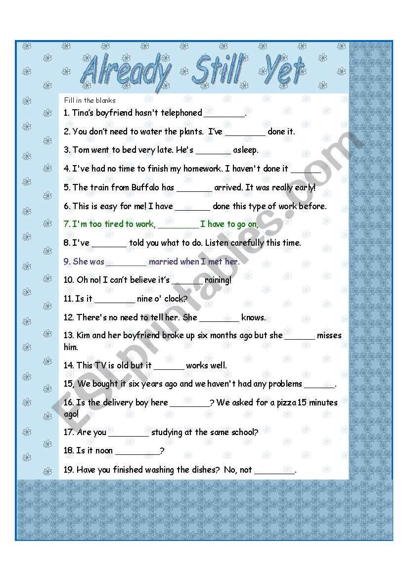 Already - Still - Yet worksheet