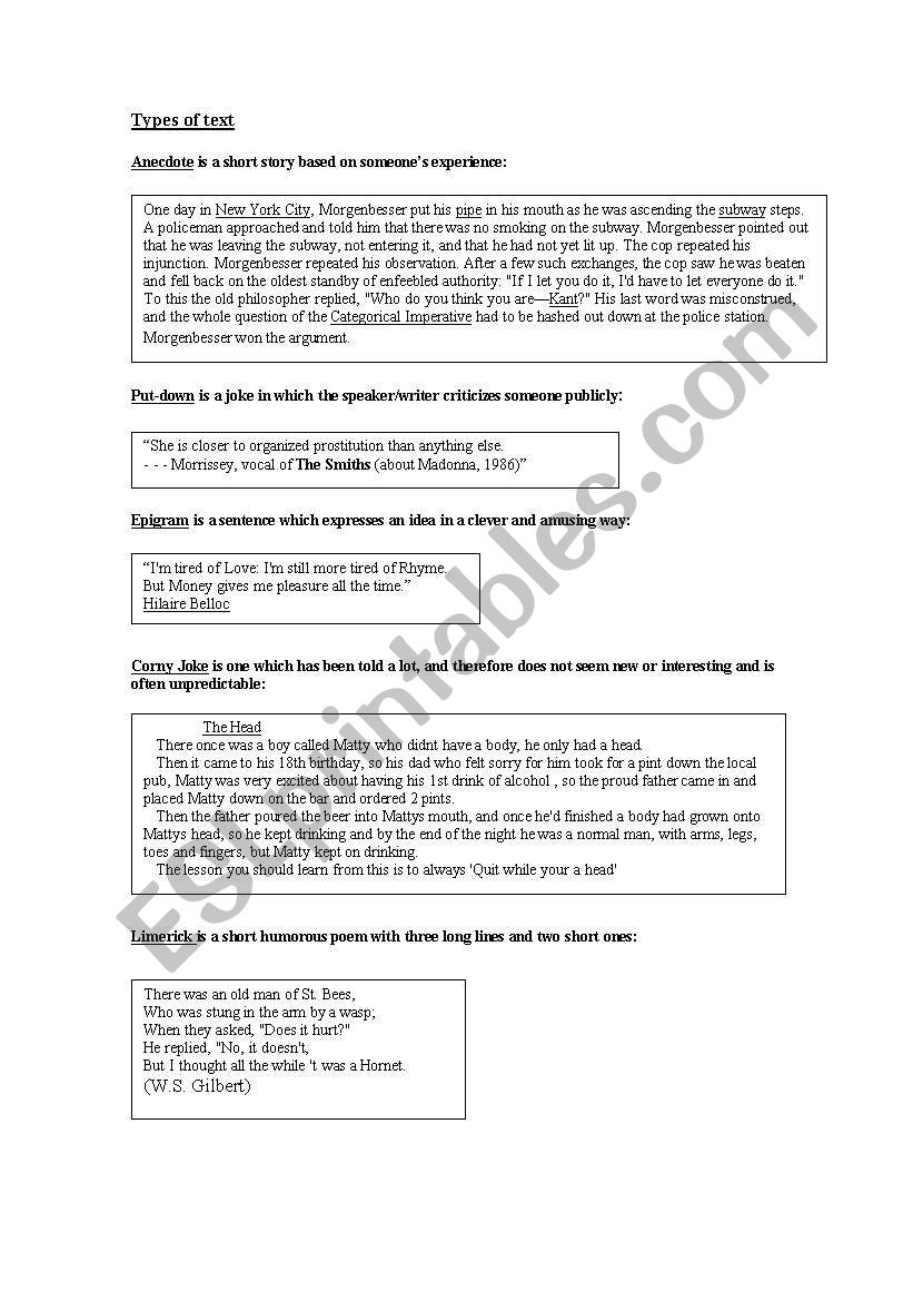 Types of texts worksheet