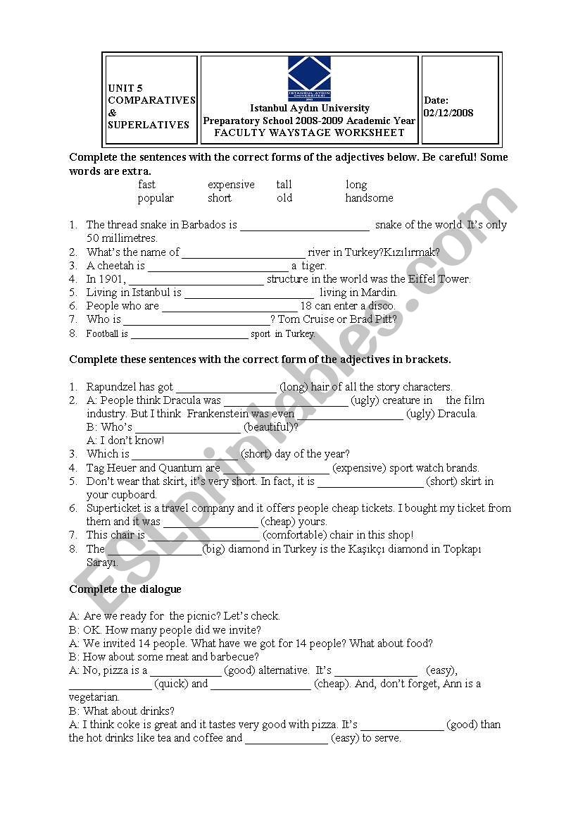 comparatives- superlatives worksheet