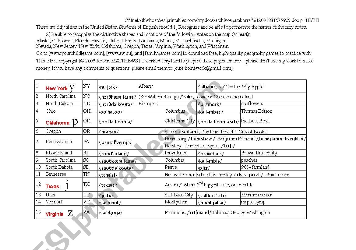 Fifty States -- Abbreviations, capitals and IPA New York-Wyoming.doc