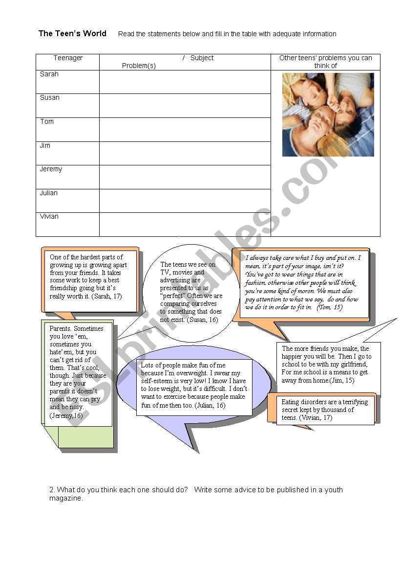 Young peoples worries worksheet