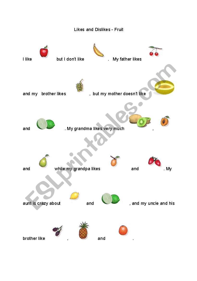 Likes and Dislikes - Fruit worksheet