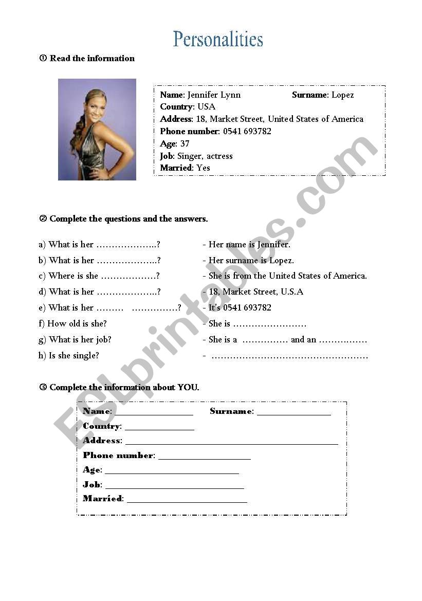 Jennifer Lopez worksheet