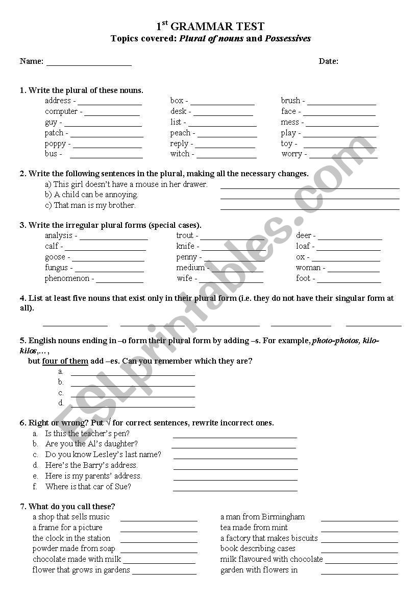 GRAMMAR TEST - Plural of nouns & Possessives