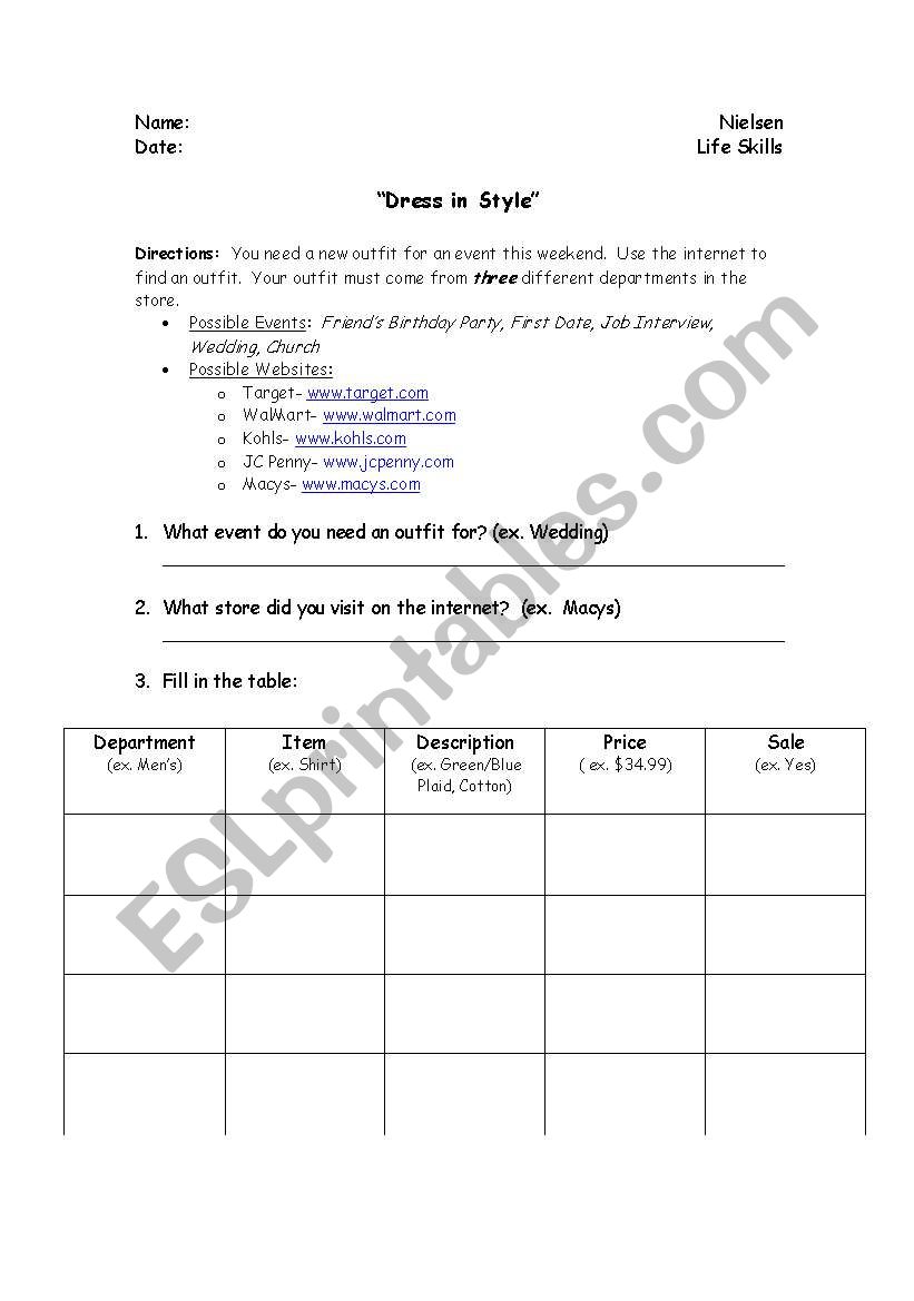 Online Shopping worksheet