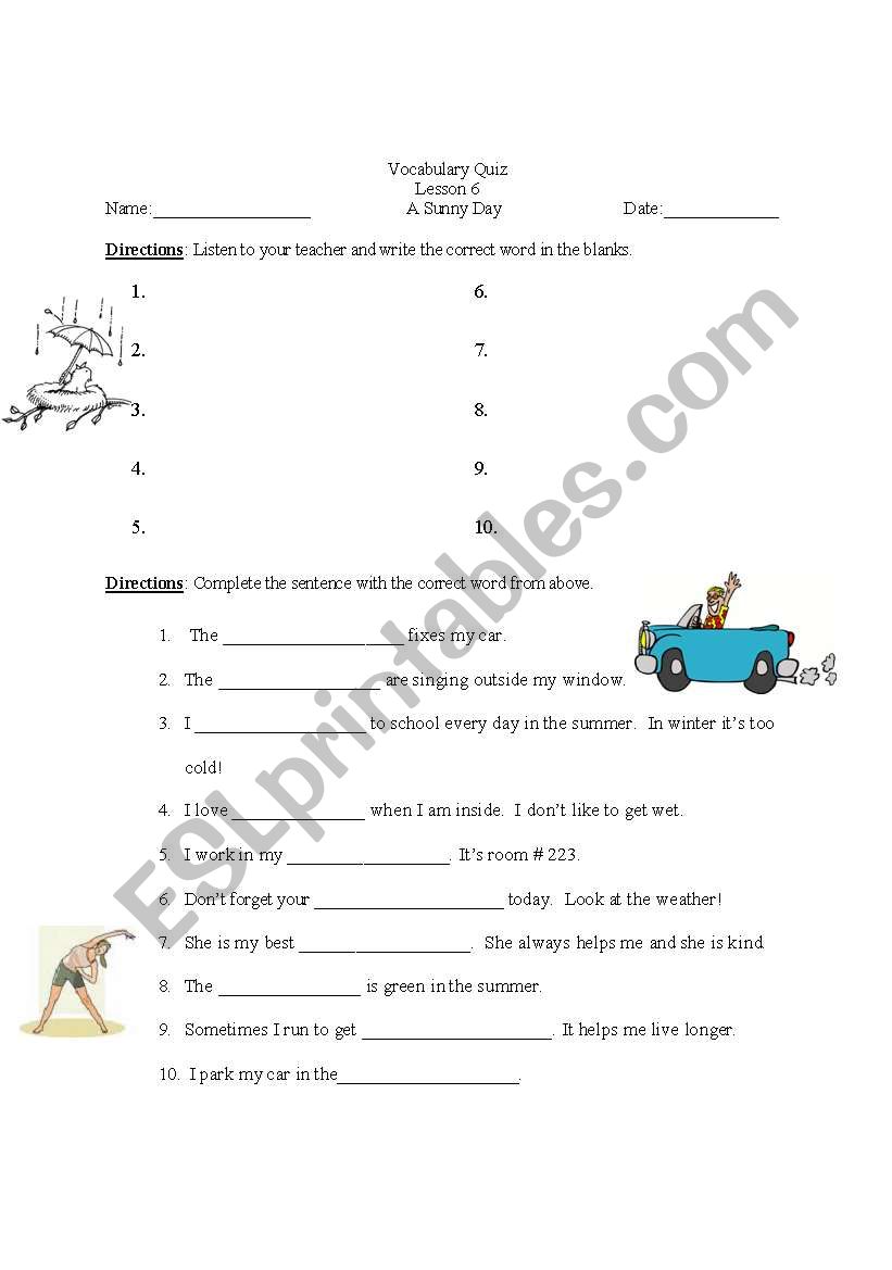 Vocabulary Quiz with answer key, dictation, weather