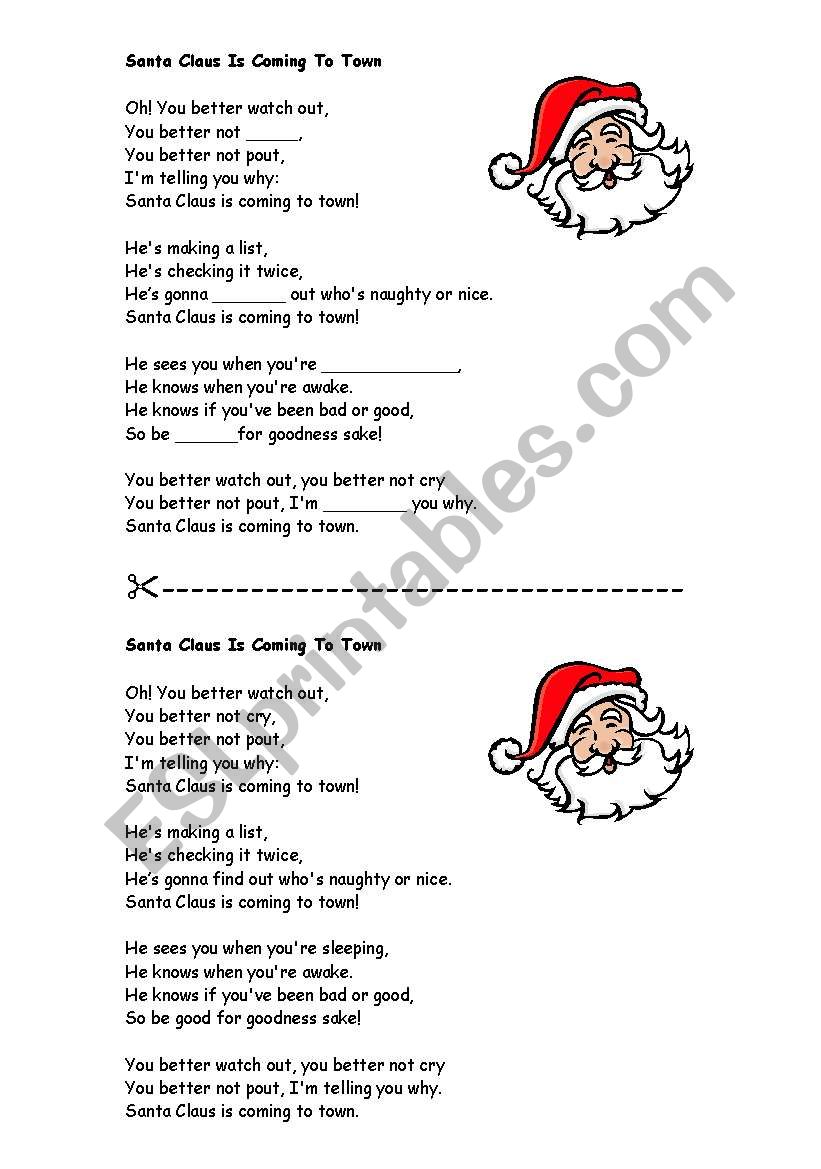 Santa Claus is comming to town lyrics ESL worksheet by eflmon
