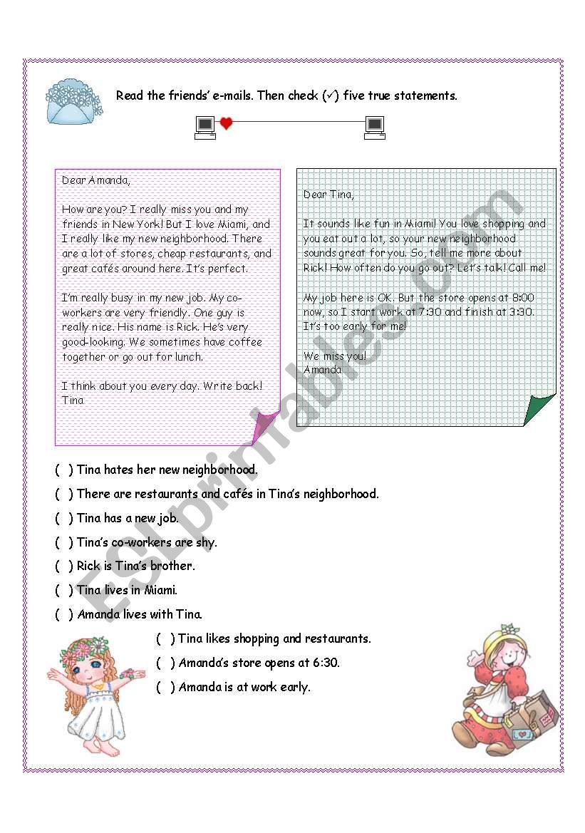 Read the friends e-mails worksheet