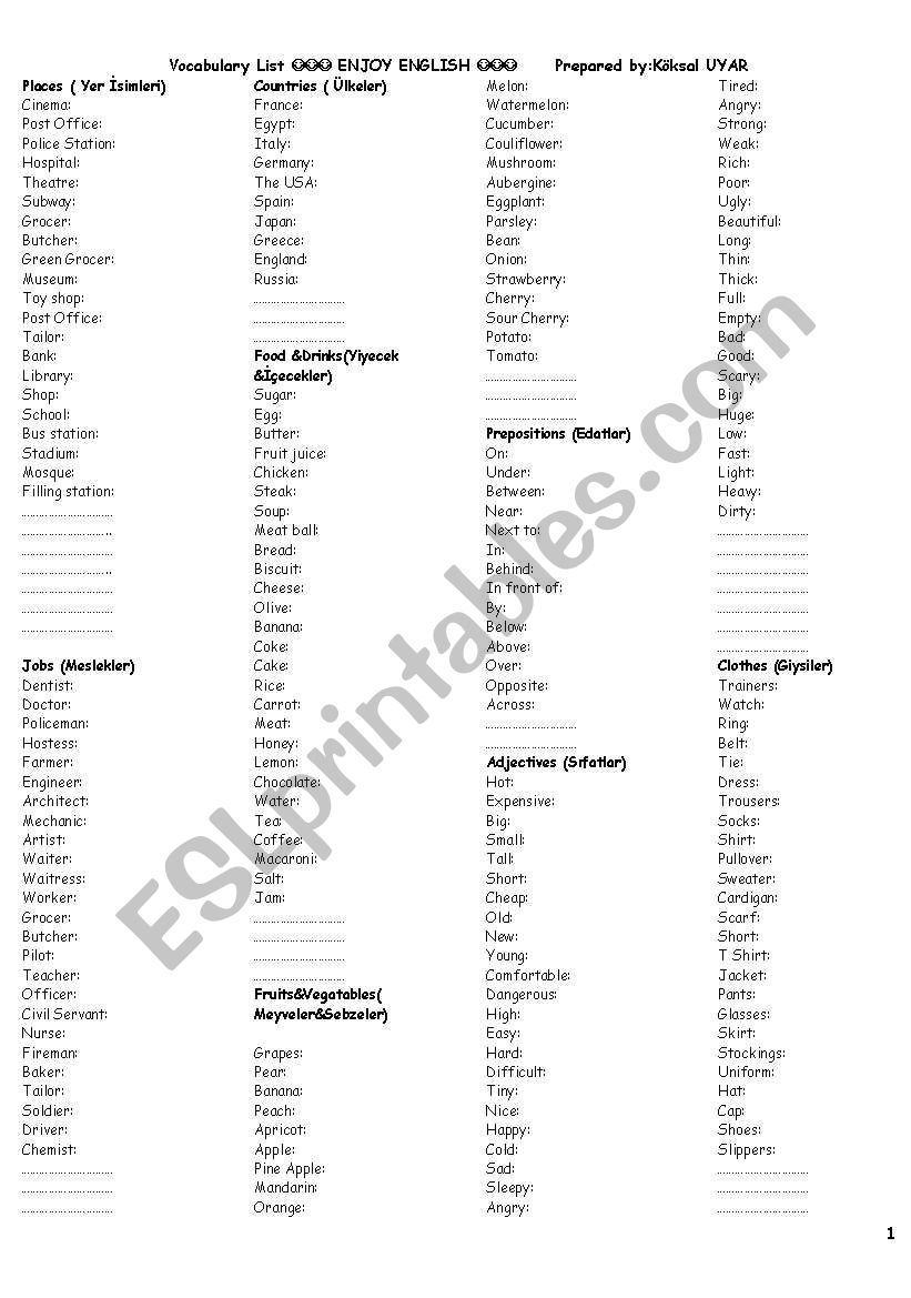 vocabulary list worksheet