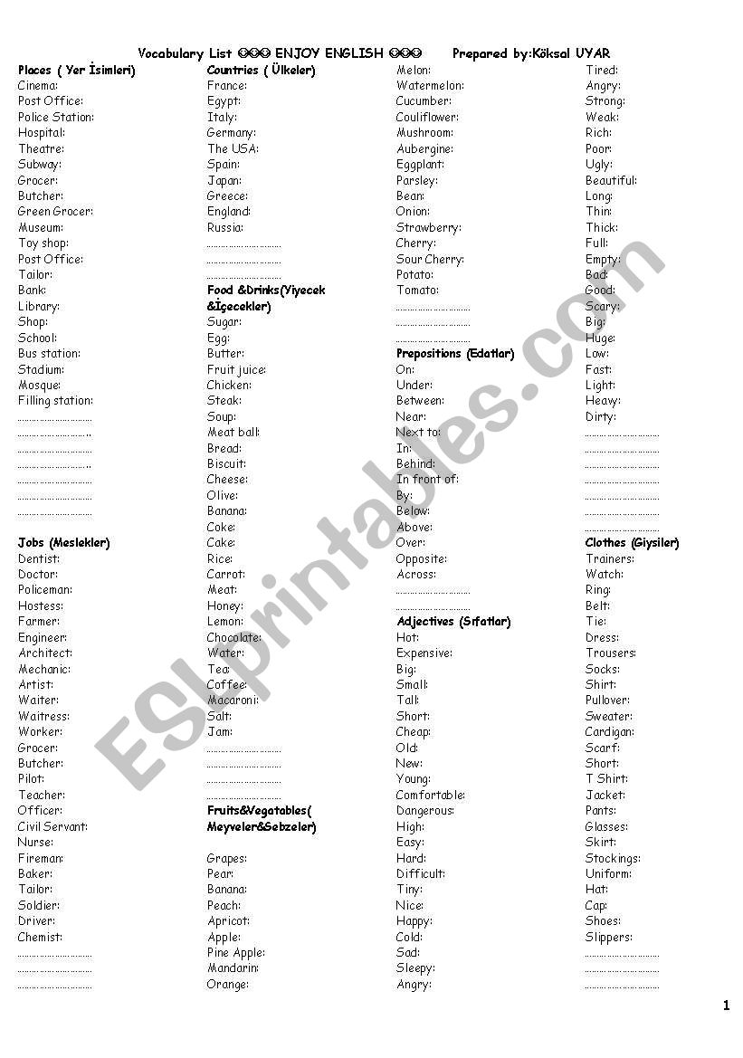vocabulary list worksheet