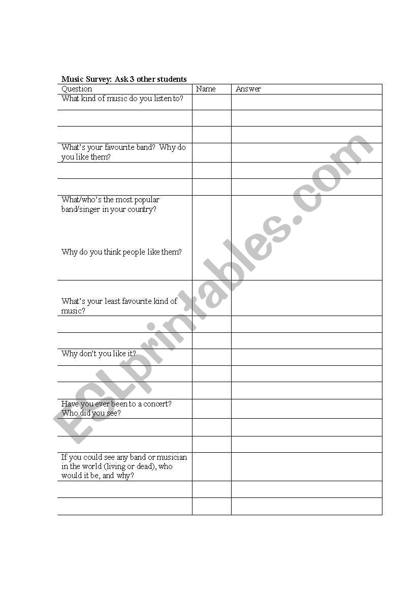 Music Survey worksheet