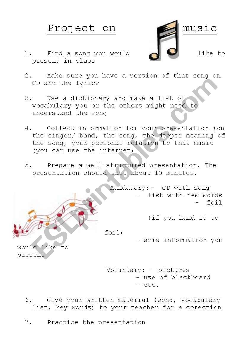 Music Project worksheet